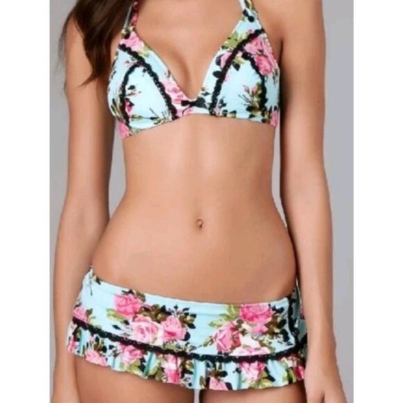 Betsey Johnson Gypsy Rose Bikini Top Vintage Y2K Turquoise Black Women M - Picture 1 of 9